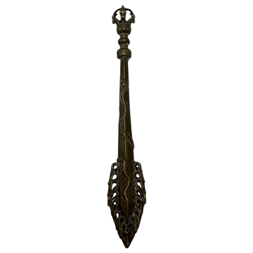 912 - An antique Tibetan Bronze Ritual Phurba Dagger, with intricate carved designs and vajra-style handle... 