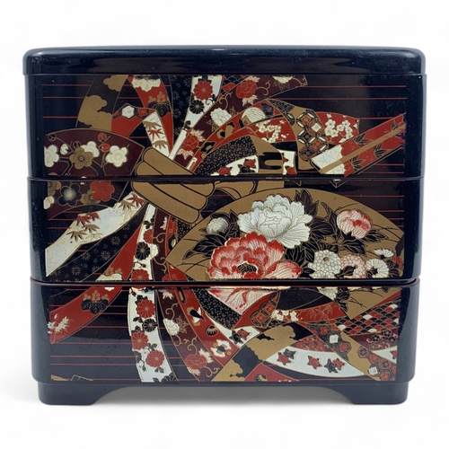 960 - An antique Japanese Lacquered wooden Box Set.
Hand painted lacquerware exterior with intricate flora... 