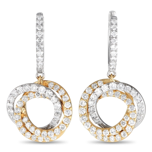 1106 - A pair of 18K White and Yellow Gold 1.0ct Diamond Drop Earrings. A stunning combination of 18K white... 