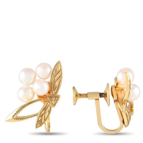 1120 - An Mikimoto 14K Yellow Gold Brooch and Earrings Set. Features a combination of 18K Yellow Gold metal... 