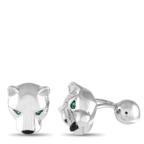 130 - A pair of Cartier Panthere 18K White Gold Cufflinks. Features green gemstone eyes and other intricat... 