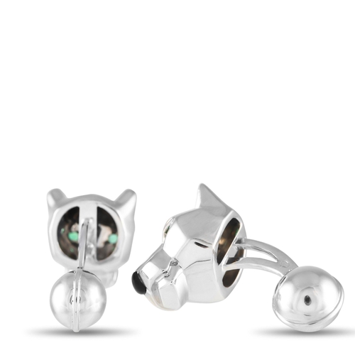 130 - A pair of Cartier Panthere 18K White Gold Cufflinks. Features green gemstone eyes and other intricat... 