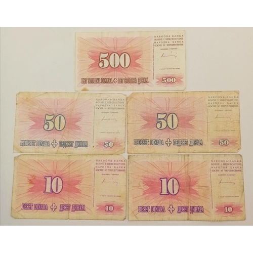 910 - Five Vintage Bosnia and Herzegovina Dinara Currency Banknotes. Please see photos for conditions.