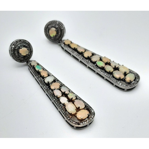 1134 - A Pair of Opal and Diamond Drop Earrings. Set in 925 Silver. Opals - 4.00ctw and Diamond surrounds -... 