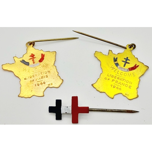 1024 - 3 x WW2 French Liberation Pins, given to all those who had taken part. Badge 1-Free French, Badge 2-... 