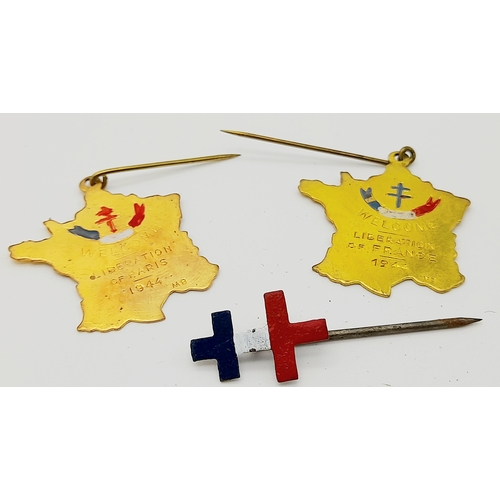 1024 - 3 x WW2 French Liberation Pins, given to all those who had taken part. Badge 1-Free French, Badge 2-... 