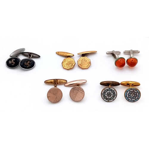 1110 - Five Pair of Vintage Cufflinks including yellow metal, Amber Set, Engine Turned and Enamel.