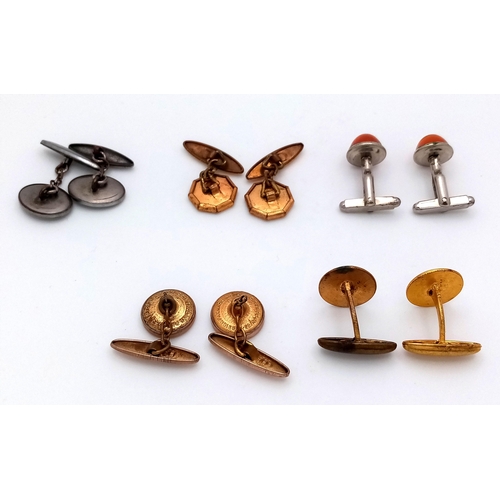 1110 - Five Pair of Vintage Cufflinks including yellow metal, Amber Set, Engine Turned and Enamel.