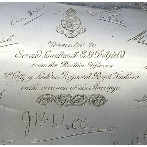 1143 - A SUPERB MILITARY SALVER PRESENTED TO 2ND LIEUTENANT EG DUFFIELD - ON THE OCCASION OF HIS MARRIAGE. ... 