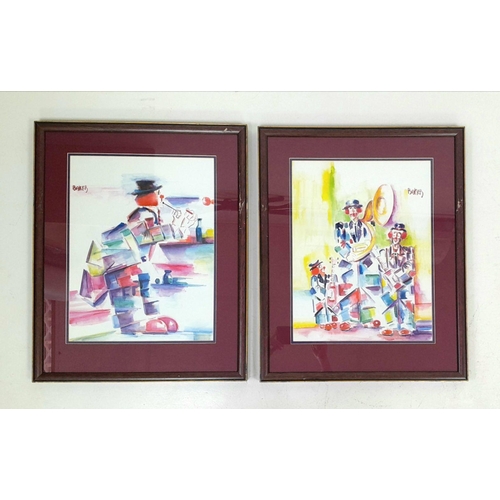 1164 - A Pair of Miles Baker Clown Art Prints in Frame - 42cm x 54cm.