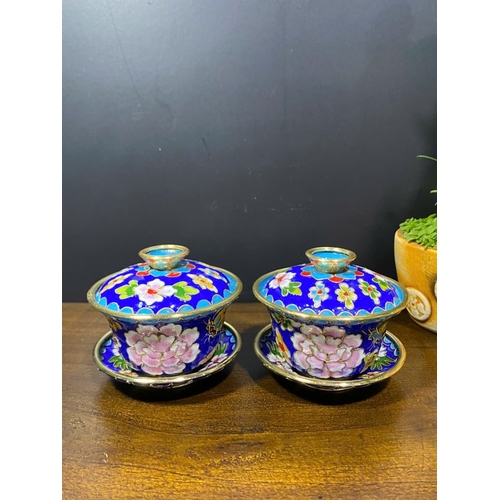 942 - A Pair of antique Oriental Bronze Cloisonné Enamel Lidded Bowls with Saucers.  
Vibrant blue cloison... 