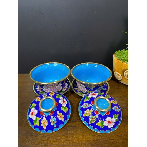 942 - A Pair of antique Oriental Bronze Cloisonné Enamel Lidded Bowls with Saucers.  
Vibrant blue cloison... 