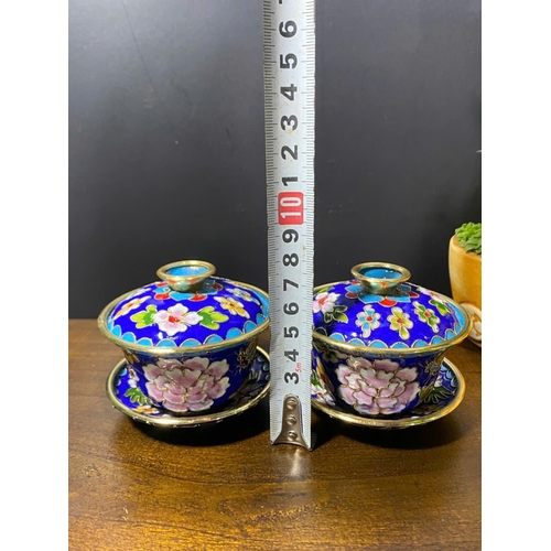 942 - A Pair of antique Oriental Bronze Cloisonné Enamel Lidded Bowls with Saucers.  
Vibrant blue cloison... 