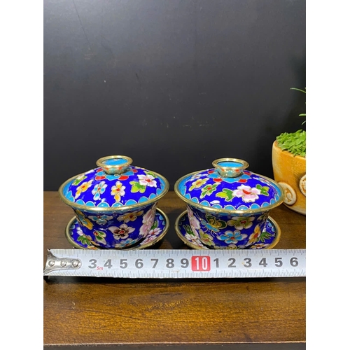 942 - A Pair of antique Oriental Bronze Cloisonné Enamel Lidded Bowls with Saucers.  
Vibrant blue cloison... 