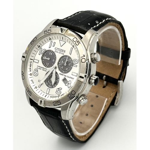 1168 - A Citizen Eco Drive Chronograph Gents Watch. Black leather strap. Stainless steel case - 44mm. Silve... 