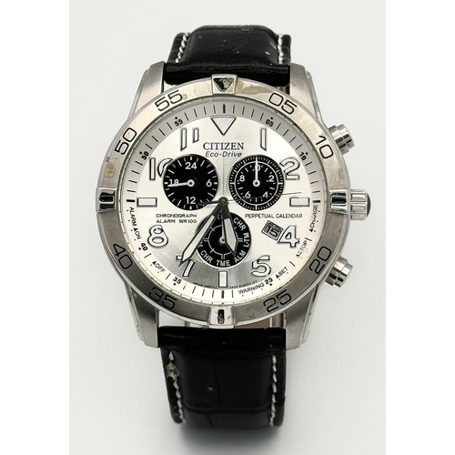 1168 - A Citizen Eco Drive Chronograph Gents Watch. Black leather strap. Stainless steel case - 44mm. Silve... 