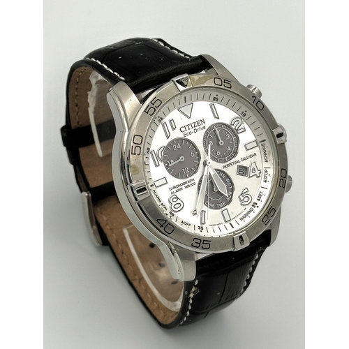 1168 - A Citizen Eco Drive Chronograph Gents Watch. Black leather strap. Stainless steel case - 44mm. Silve... 