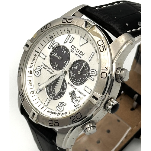 1168 - A Citizen Eco Drive Chronograph Gents Watch. Black leather strap. Stainless steel case - 44mm. Silve... 