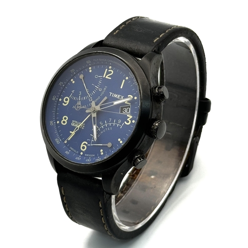 1175 - A Timex Intelligent Quartz Gents Watch. Black leather strap. Ceramic and steel case - 45mm. Blue dia... 