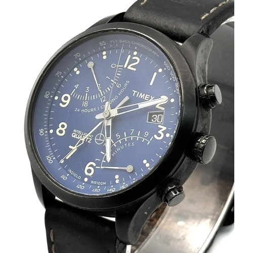 1175 - A Timex Intelligent Quartz Gents Watch. Black leather strap. Ceramic and steel case - 45mm. Blue dia... 