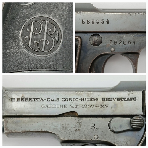 174 - A Rare 1937 Beretta (Fascist Marked) Semi-Automatic Deactivated Pistol. Model 34, Italian army-issue... 