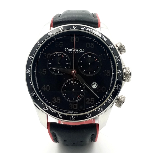 55 - A Christopher Ward Limited Edition (22/500) C7 Chronograph Quartz Gents Watch. Black leather strap. ... 