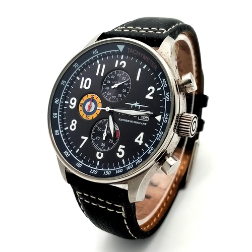 614 - A Hawker Hurricane AVI-8 Quartz Chronograph Gents Watch. Black leather strap. Stainless steel case -... 