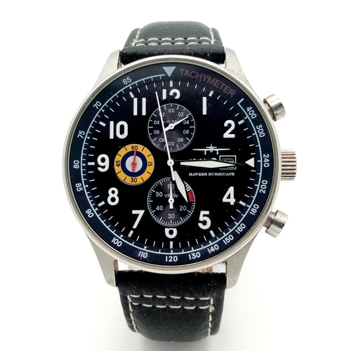 614 - A Hawker Hurricane AVI-8 Quartz Chronograph Gents Watch. Black leather strap. Stainless steel case -... 