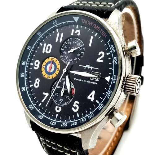 614 - A Hawker Hurricane AVI-8 Quartz Chronograph Gents Watch. Black leather strap. Stainless steel case -... 