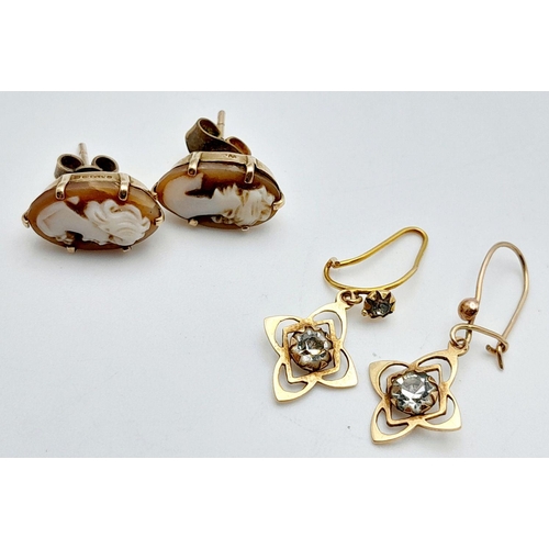 1147 - Two Pairs of 9k Gold Earrings - Cameo and Stone Set. 3.15g total weight.