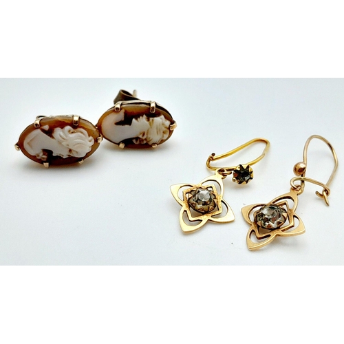 1147 - Two Pairs of 9k Gold Earrings - Cameo and Stone Set. 3.15g total weight.