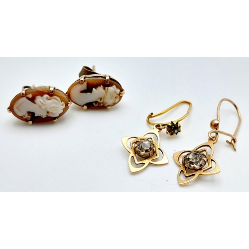 1147 - Two Pairs of 9k Gold Earrings - Cameo and Stone Set. 3.15g total weight.