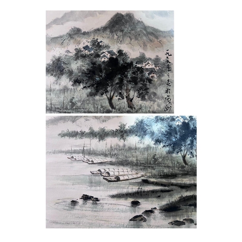 123 - A village by water; Chinese ink and watercolor on paper scroll; Attribute to Li Xiongcai.
Included i... 