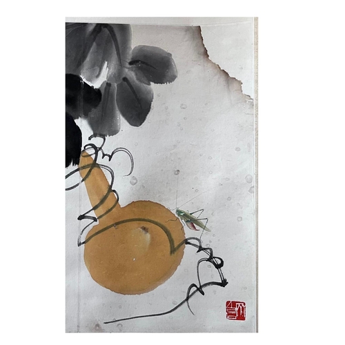 559 - Gourds and cricket; Chinese ink and watercolor on paper scroll; Attribute to Qi Baishi. Inscribed an... 