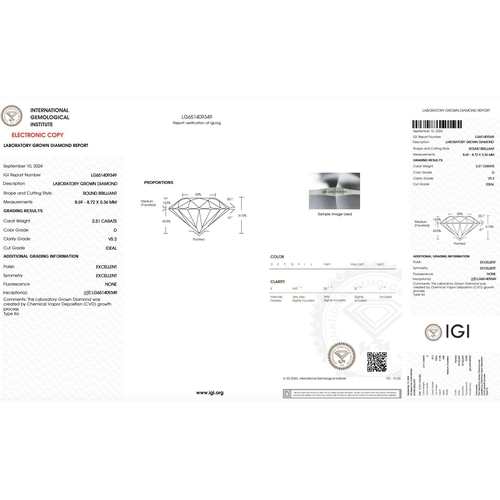 587 - 2.51CT ROUND SHAPED LAB-GROWN DIAMOND, COLOUR D, CLARITY VS2. COMES WITH IGI CERTIFICATE. MEASUREMEN... 