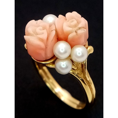 1155 - A Vintage 14K Yellow Gold Coral and Pearl Ring. Pastel pink coral roses with six small pearl accents... 