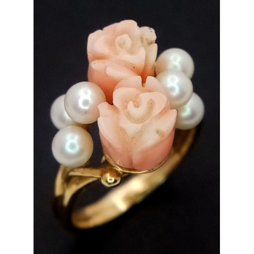 1155 - A Vintage 14K Yellow Gold Coral and Pearl Ring. Pastel pink coral roses with six small pearl accents... 