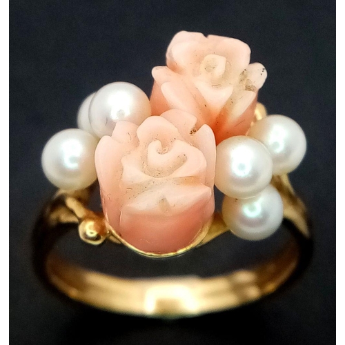 1155 - A Vintage 14K Yellow Gold Coral and Pearl Ring. Pastel pink coral roses with six small pearl accents... 