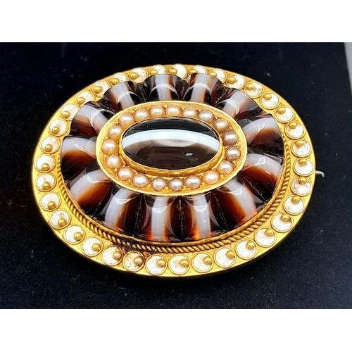 1162 - An Antique Victorian 15K Gold Banded Agate and Pearl Mourning Brooch. This mesmerising piece of jewe... 