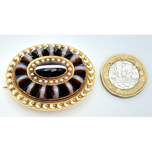 1162 - An Antique Victorian 15K Gold Banded Agate and Pearl Mourning Brooch. This mesmerising piece of jewe... 