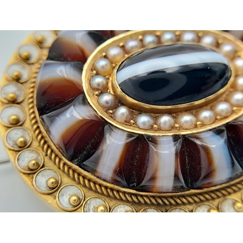 1162 - An Antique Victorian 15K Gold Banded Agate and Pearl Mourning Brooch. This mesmerising piece of jewe... 