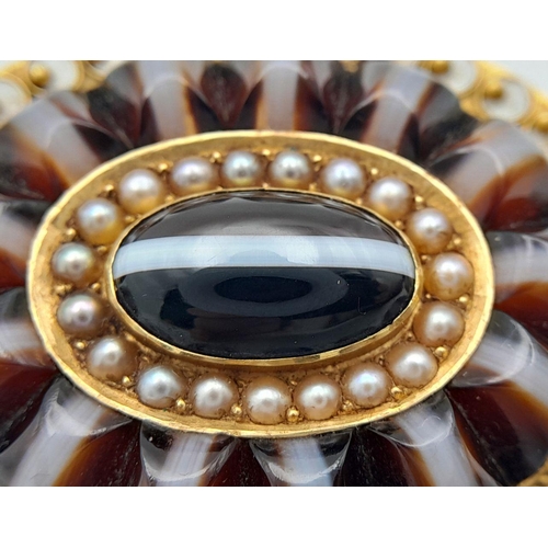 1162 - An Antique Victorian 15K Gold Banded Agate and Pearl Mourning Brooch. This mesmerising piece of jewe... 