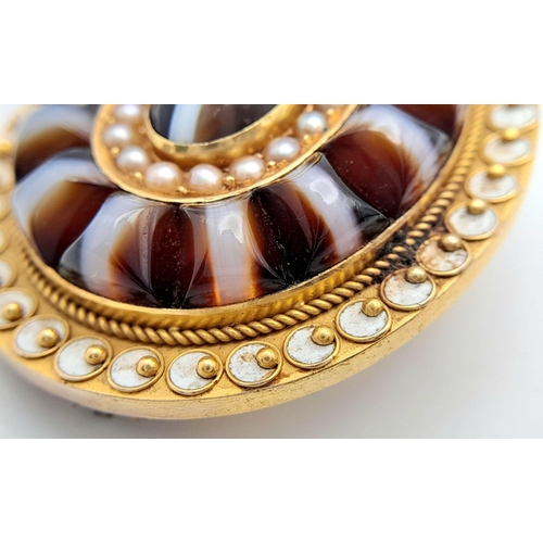 1162 - An Antique Victorian 15K Gold Banded Agate and Pearl Mourning Brooch. This mesmerising piece of jewe... 