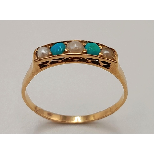 787 - A 18k yellow gold pearl and turquoise ring, 1.9g total weight, size P. Ref: 7239H