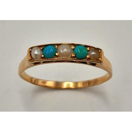 787 - A 18k yellow gold pearl and turquoise ring, 1.9g total weight, size P. Ref: 7239H