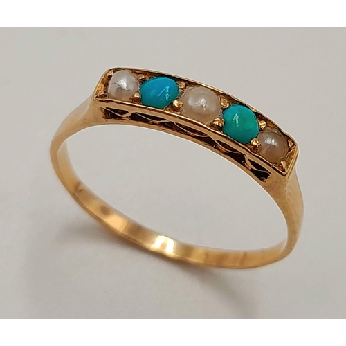 787 - A 18k yellow gold pearl and turquoise ring, 1.9g total weight, size P. Ref: 7239H