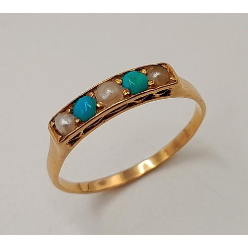 787 - A 18k yellow gold pearl and turquoise ring, 1.9g total weight, size P. Ref: 7239H