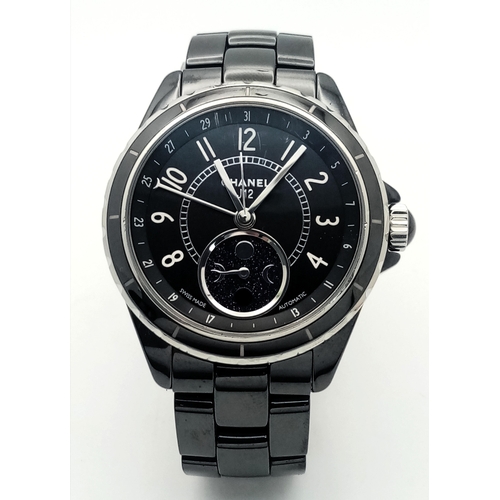 20 - A Chanel J12 Automatic Ladies Watch. Ceramic bracelet and case - 40mm. Black dial with sub moon dial... 