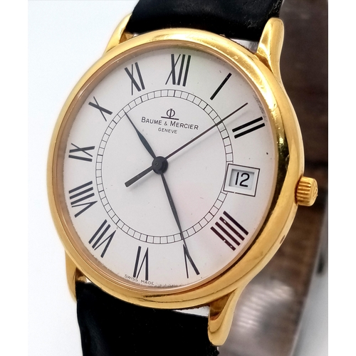 236 - An 18K Gold Cased Baume and Mercier Quartz Gents Watch. 
Black leather strap. 18k gold case - 34mm. ... 