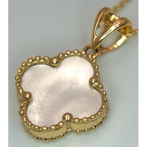 267 - An 18K Gold and  Mother of Pearl Pendant on an 18K Gold Disappearing Necklace. 2cm and 44cm. 2.95g